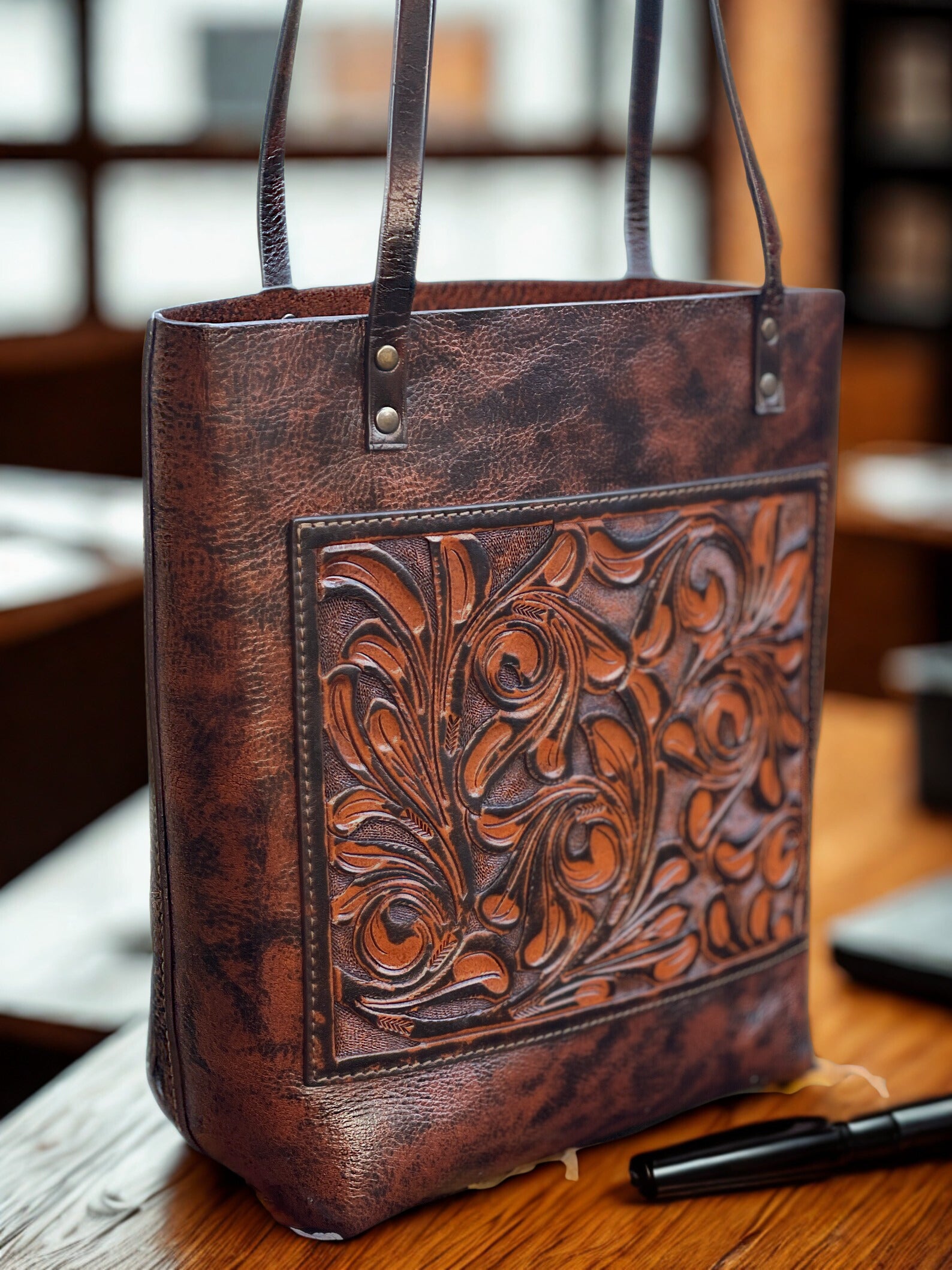 Hand-Tooled Leather Tote Bag – Western Cowgirl Style Shoulder Purse, Handmade Artisan Large Brown Tote, Boho Rodeo Ranch Handbag